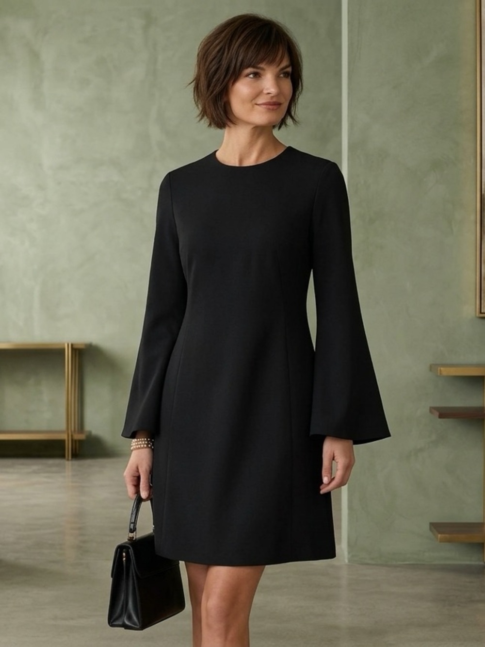 Max Valmary Black Bell Sleeve Dress Minimalist Made in Poland Size 8 EU 38 Mini